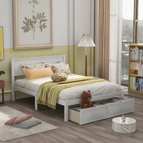 Nordic Simple Full Wood Platform Bed with 2 Under-bed Storage Drawer and Headboard, Slats include&No Box Spring Needed