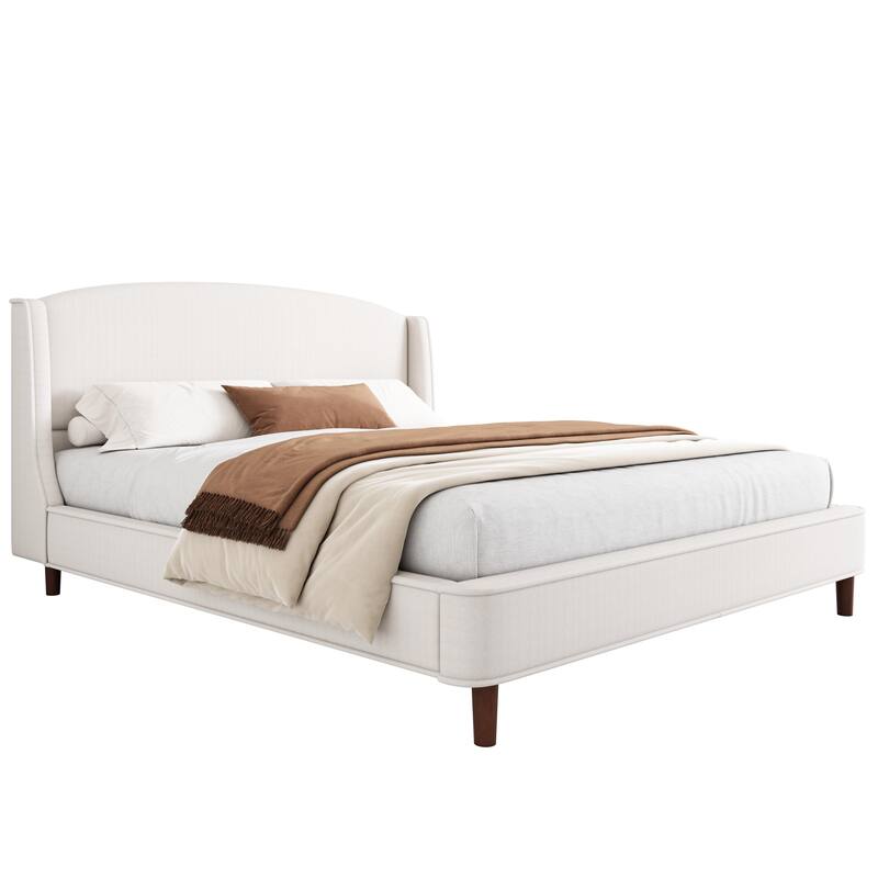 Linen Fabric Upholstered Platform Bed Frame with Wood Slat Frame Built-in Metal Legs Support Wingback Bed