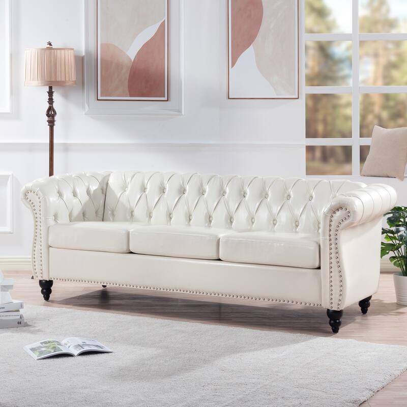 Chesterfield PU Leather 3 Seater Sofa, Upholstered Sofa with Rolled Armrests & Tufted Back, Lounge Sofa with Nailhead Trim