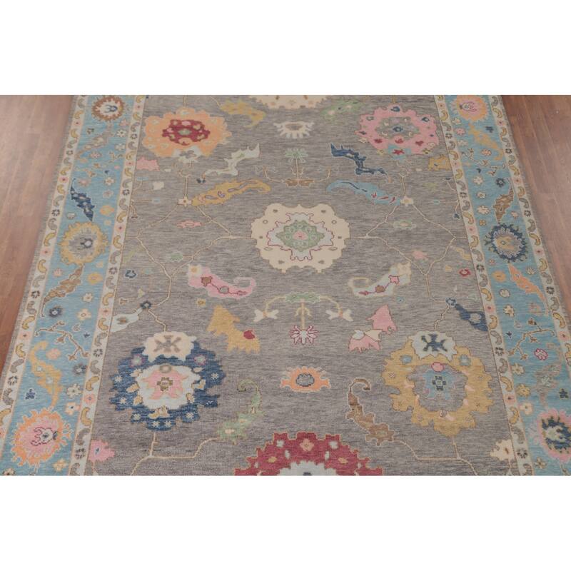Gray Floral Oushak Area Rug Hand-Knotted Wool Carpet - 8'8"x 11'10"