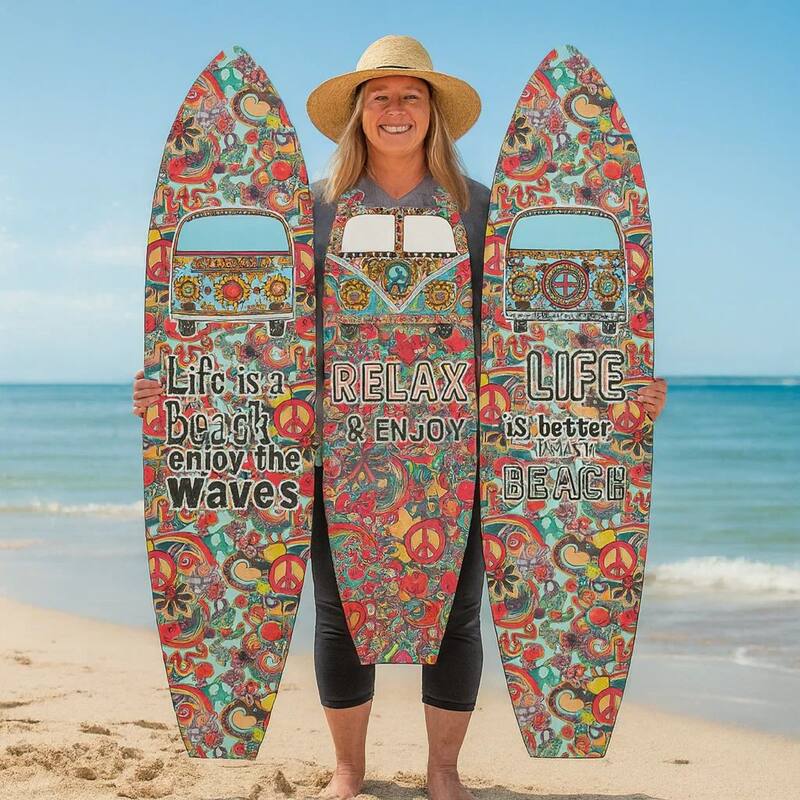 Beach Themed Surfboard Shaped 3 Panel Room Divider, Multicolor