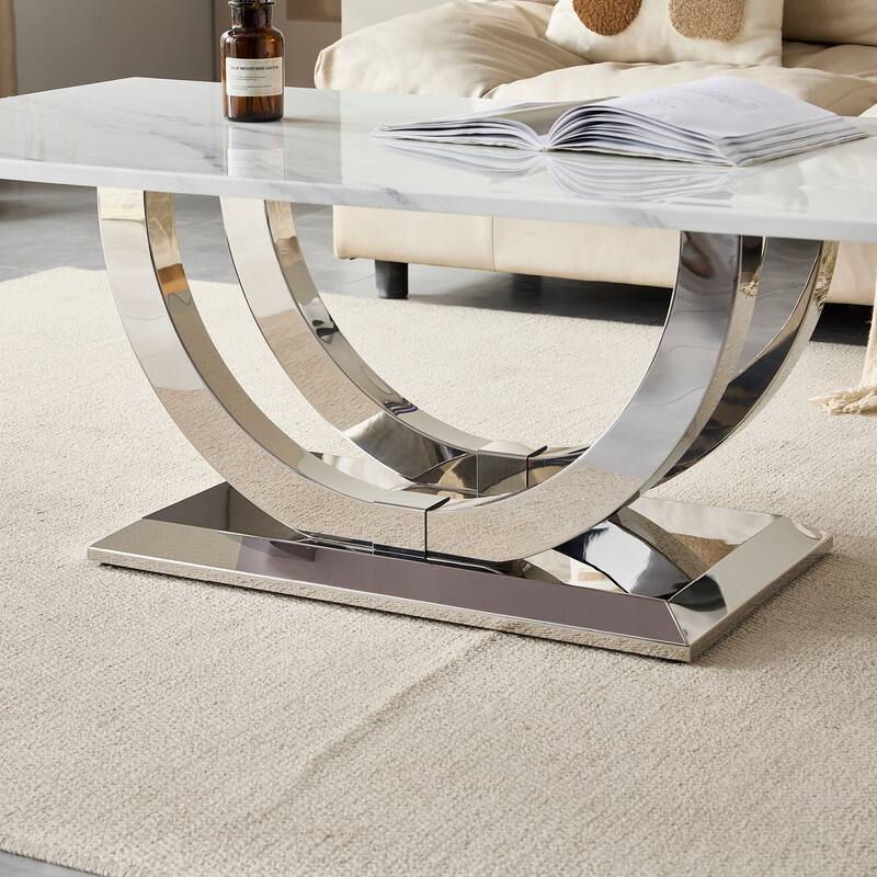 50.4 Inch Modern Rectangular Coffee Table,Marble Pattern MDF Top, Silver Stainless Steel Base.