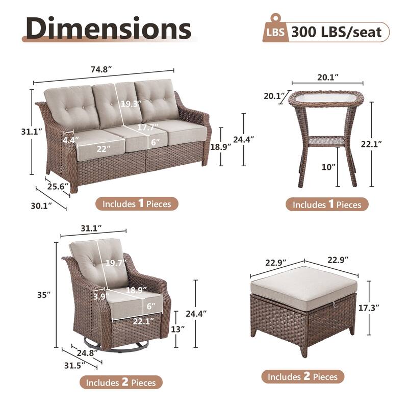Artisan 6-Piece Patio Brown Wicker Sofa Conversation Set with 6-Inch Thick Cushions