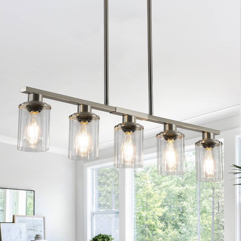 37" Brushed Nickel 5-Light Chandelier - Contemporary Kitchen Island Pendant Light with Clear Glass Shades - Chrome