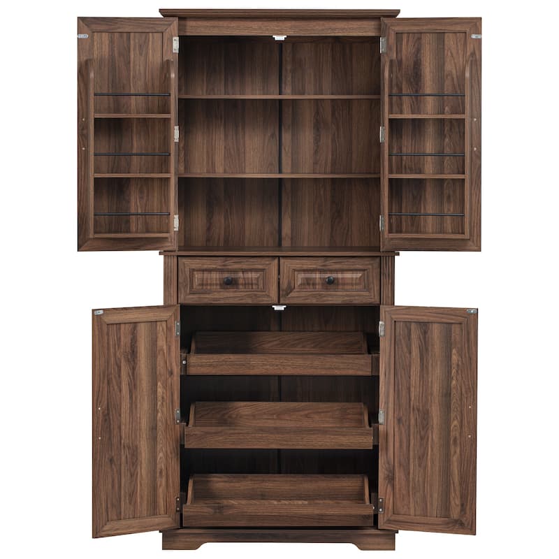 71" Tall Kitchen Pantry Cabinet with 3 Pull Out Cabinet Organizers, Farmhouse Embossed Texture Storage Cabinet
