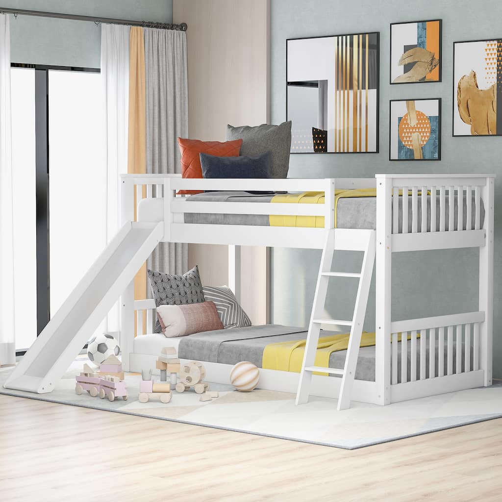 Convertible Twin Bunk Bed with Slide and Ladder, White