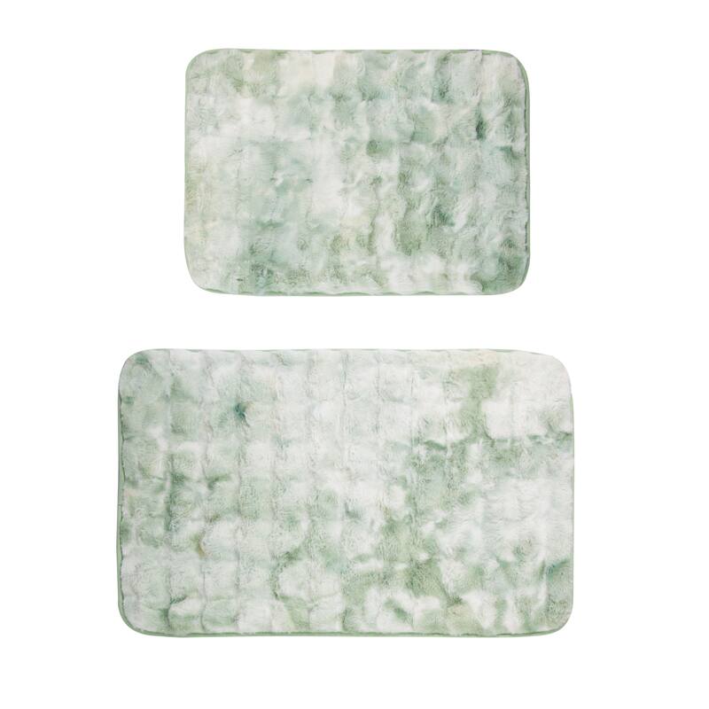 Green 2 Piece Striped Textured Ultra Soft Faux Fake Fur Rabbit Non-Slip Absorbent Bathroom Bath Mat Set