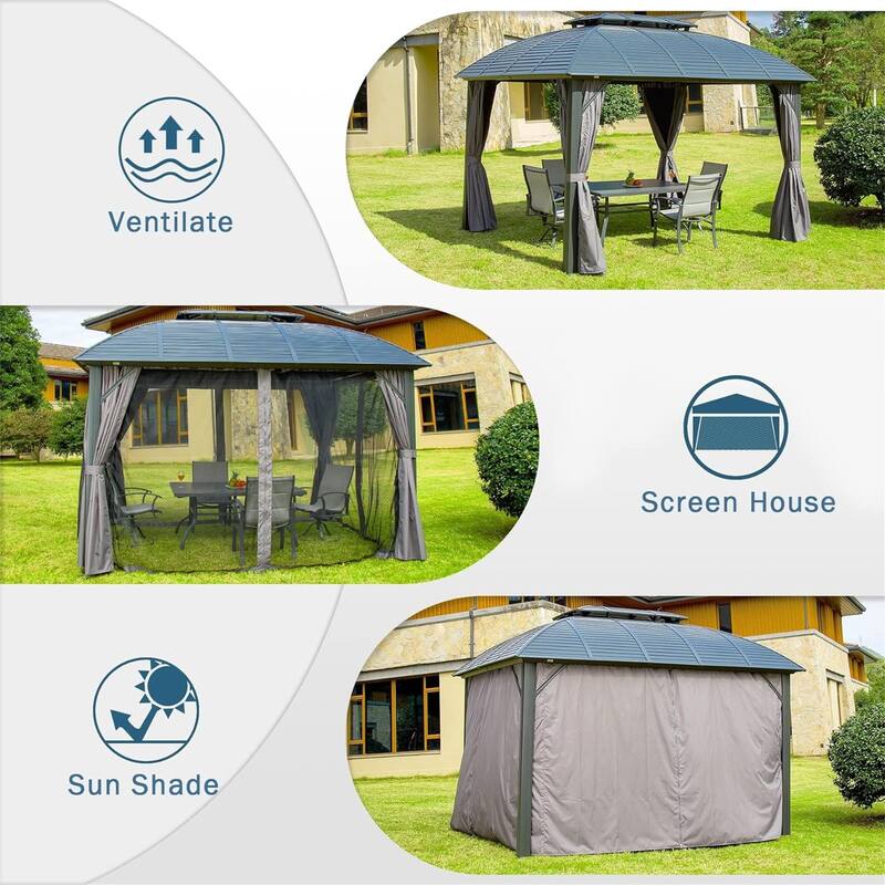 GDFStudio - Highland Crest Hardtop Gazebo Pavilion with Double Roof, Curtains & Netting for Outdoor Living Spaces