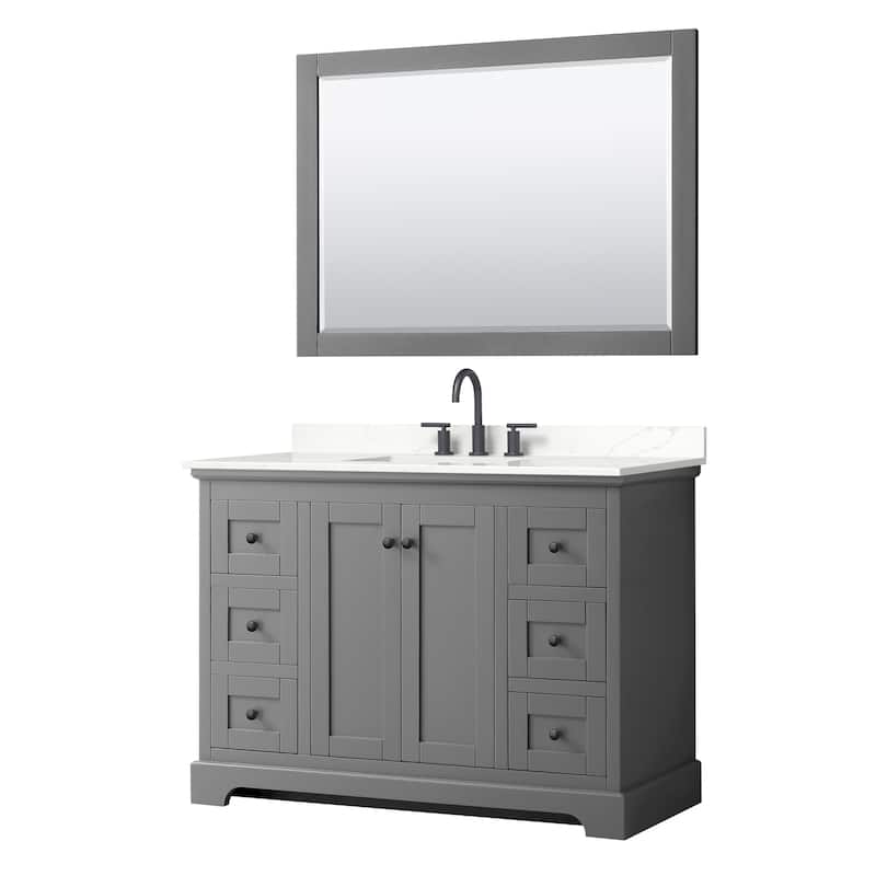 Avery 48-inch Single Vanity, Quartz Top, 46-inch Mirror - Dark Gray, Black Trim, Giotto Quartz Top