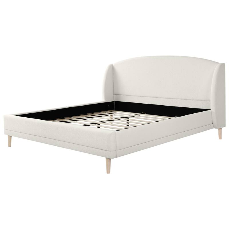 King Size Upholstered Platform Bed with Wingback Headboard, Boucle Fabric, White