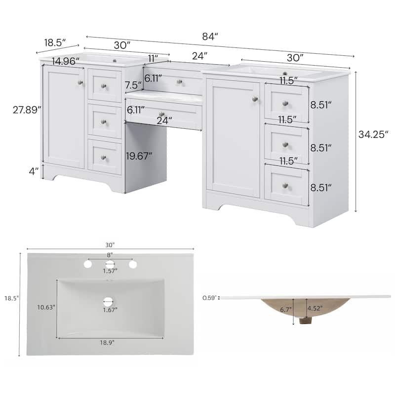 Christopher Knight Home - Wooden 84 Inches Double Sink Bathroom Vanity (Separate Sink) with Engineered Stone Countertop