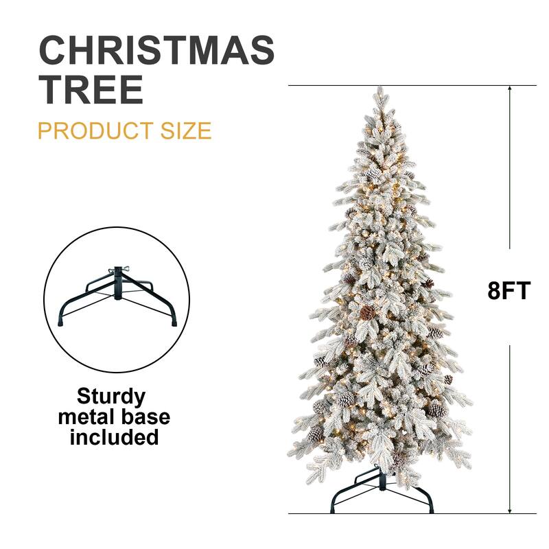 6FT Flocked PE/PVC Christmas Tree with 600 Warm White LED Lights-935 Tips, 31 Natural Pine Cones, Snowy Effect, Hinged Branches
