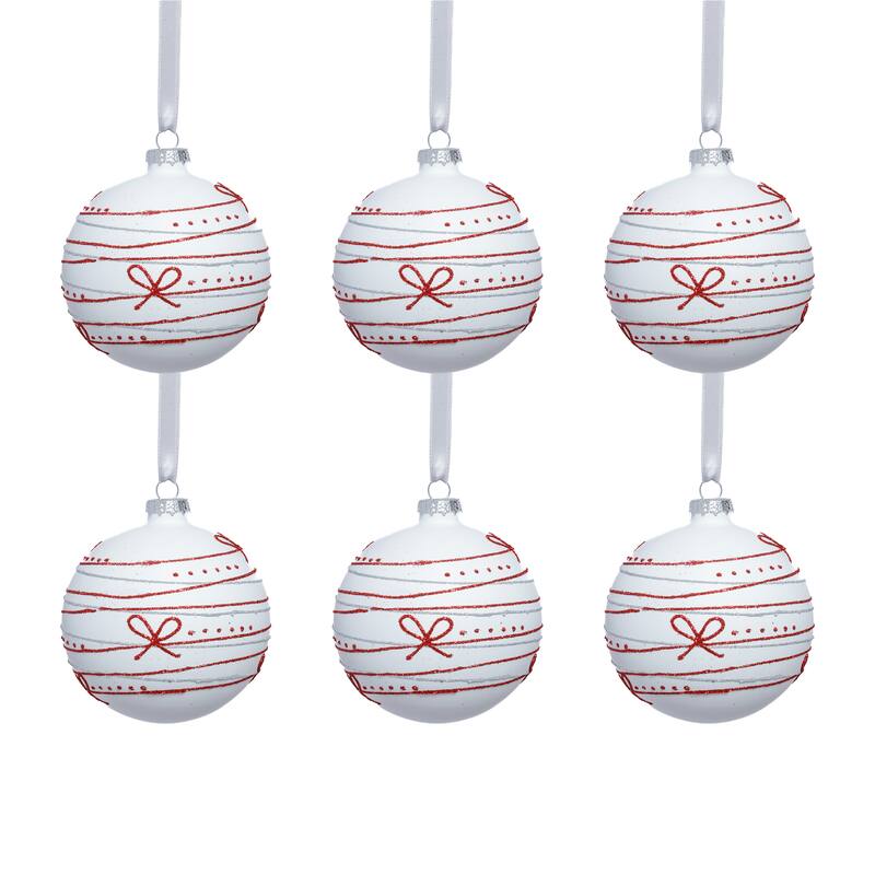 Matte Glass Holiday Ball Ornaments with Red Ribbon Design, Set of 6, 4"