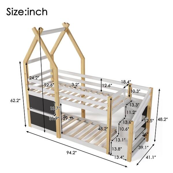 Twin over Twin Bunk Bed with Storage Staircase and 2 Blackboards, White+Natural