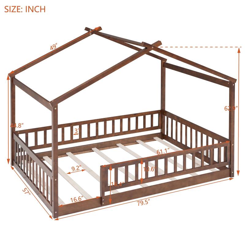 Full Size Wooden House Bed Frame with Fence for Kids and Teens, Walnut Finish