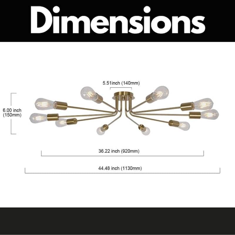 10 Light Sputnik Chandelier Brushed Gold Ceiling Light Semi Flush Mount Light Ceiling Lamp