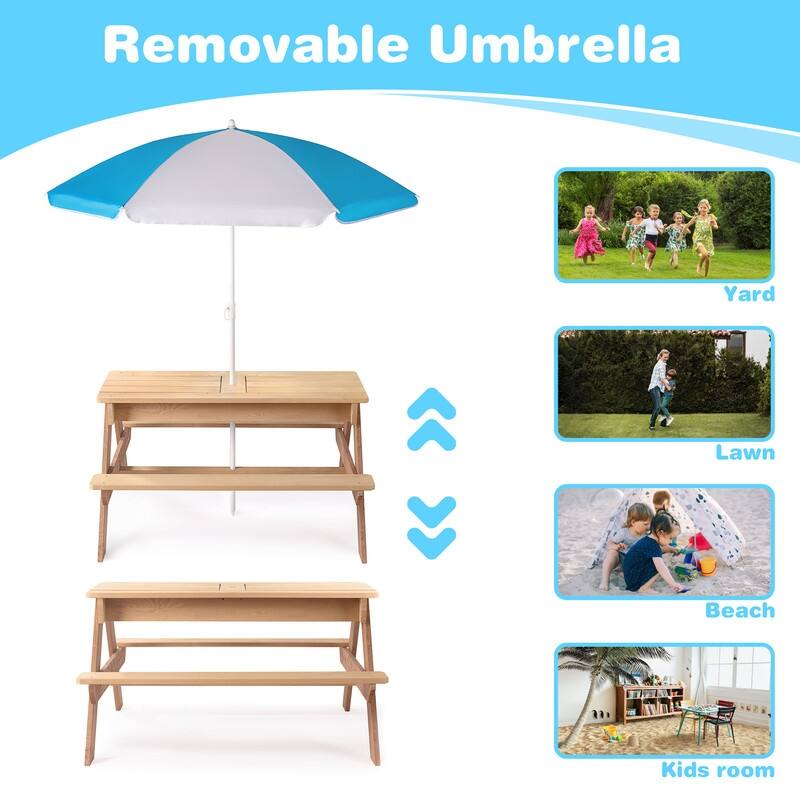3-in-1 Kids Outdoor Wooden Picnic Table With Umbrella, Convertible Sand & Water