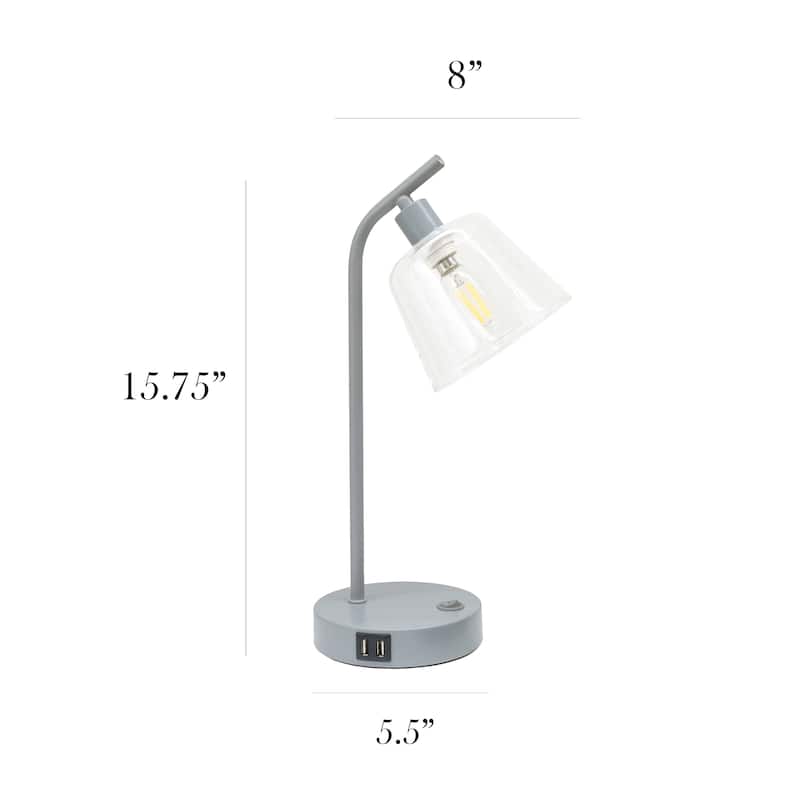 Modern Industrial Desk Lamp with Clear Glass Shade and Dual USB Charging Ports Multiple Colors - 8" (L) x 5.5" (W) x 15.75" (H)