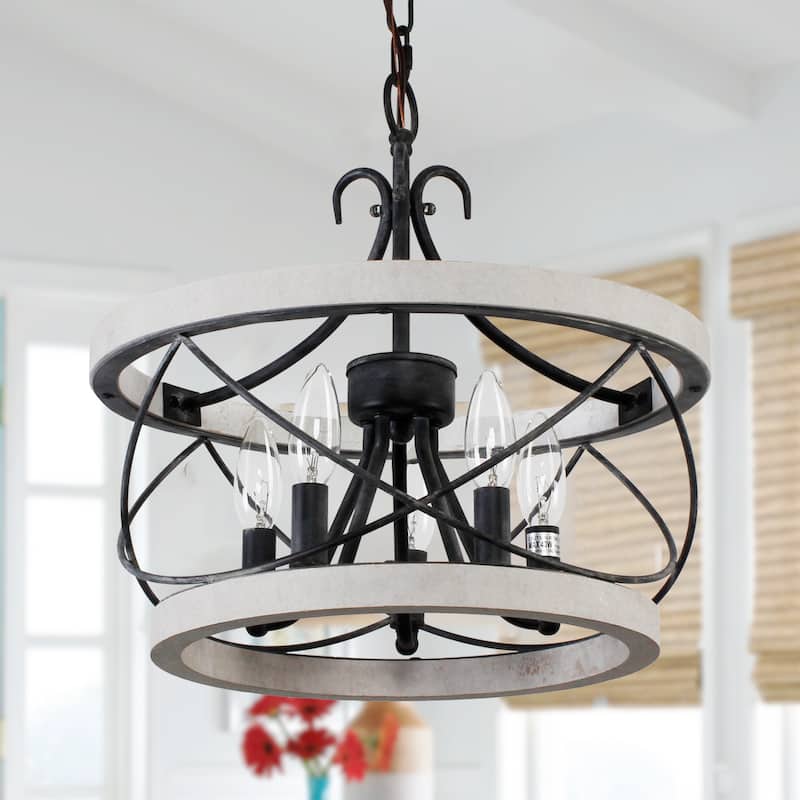 5-Light Weather White Wood Caged Pendant Light with Adjustable Chain Farmhouse Chandelier - N/A - Weathered White