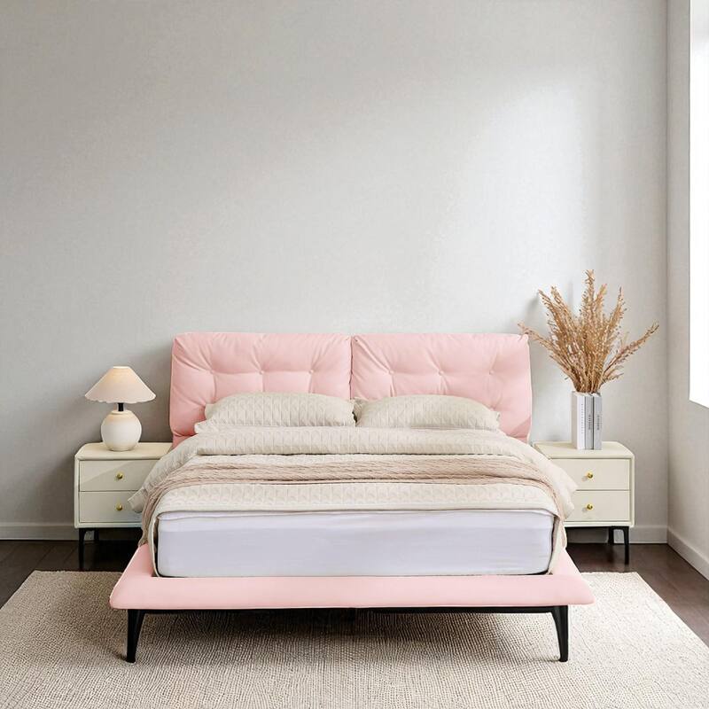 Queen Floating Upholstered Platform Bed Frame with LED Lights, PU Leather, Button Tufted Headboard, No Box Spring