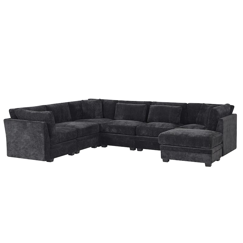 Christopher Knight Home - Verona 7-Piece Reversible Modular Fabric Sectional Sofa with Ottoman, Square Arms & Pillow Back - Black