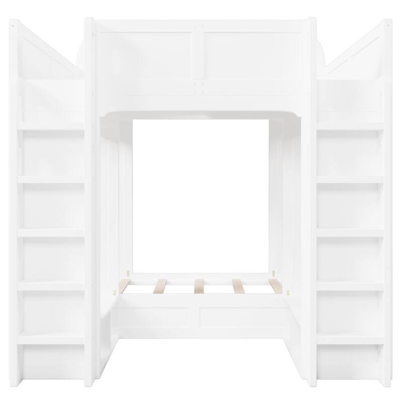 Triple Bunk Bed Frame, Twin + Twin Over Twin XL Size Bed with Storage Shelves, Hanging Hooks and Dual Ladders for Kids Room