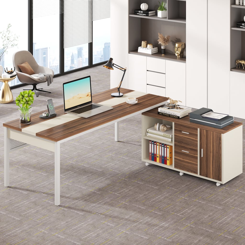 70.8" Large Executive Office Desk and 47" Lateral File Cabinet Combo, L-Shaped Computer Desk Business Furniture