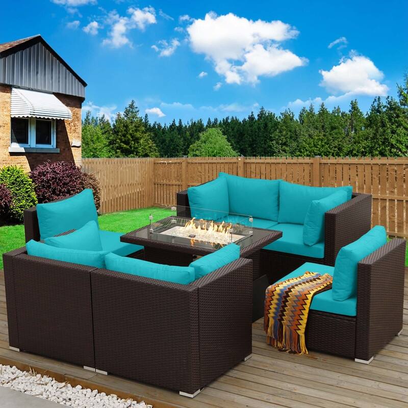 FINCATI Outdoor Wicker Patio Furniture Conversation Sectional Sofa Set - 7PCS-C - Teal