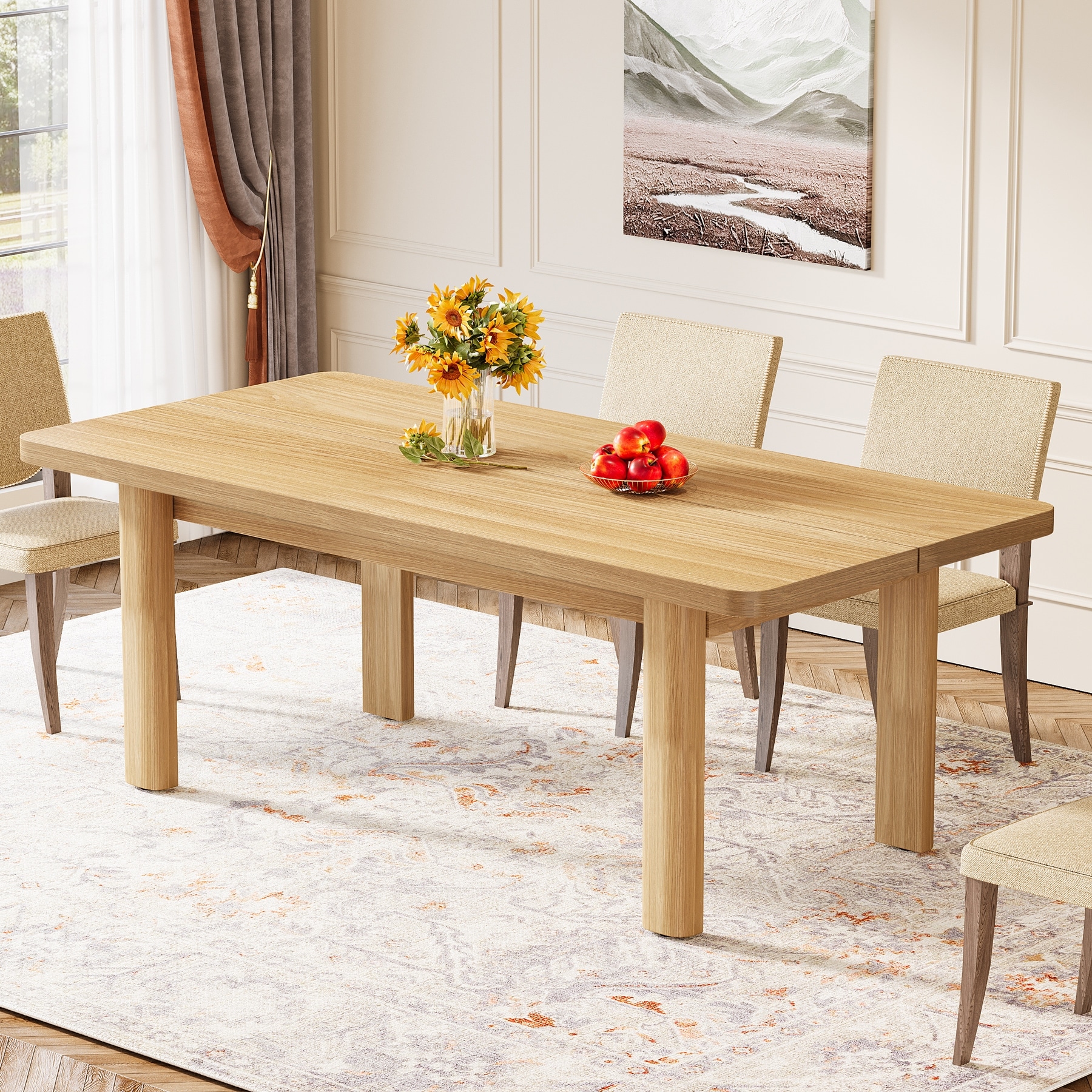 Wood Dining Table, 63'' Farmhouse Kitchen Table with Solid Wood Legs