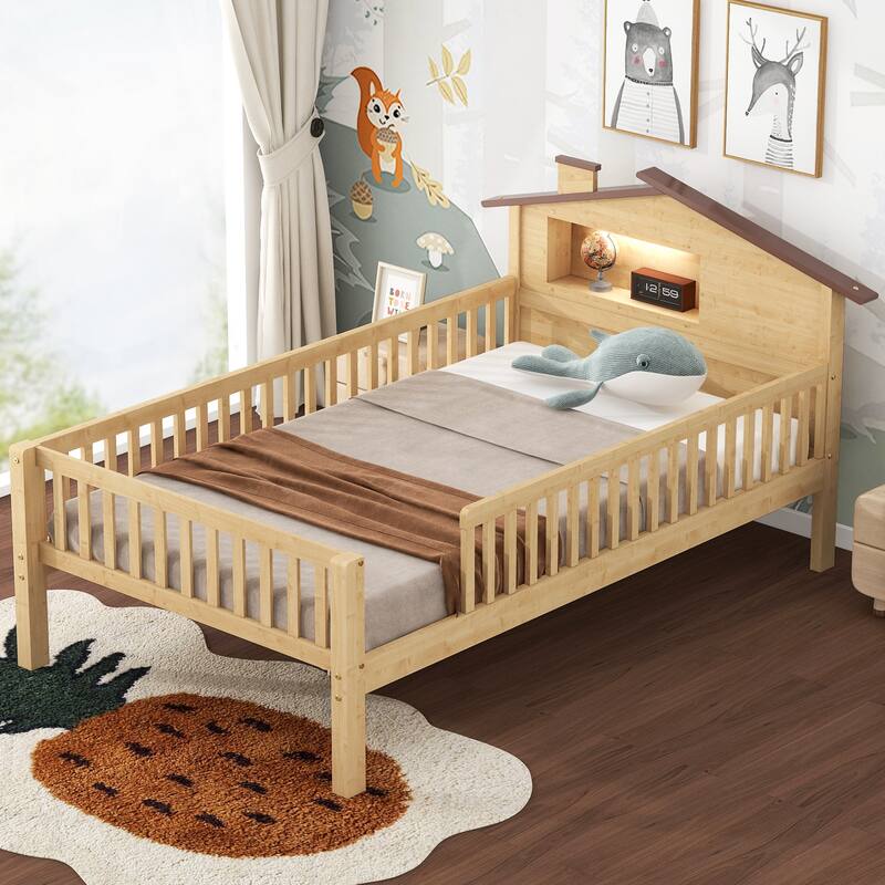 Twin Size House-shaped Wood Platform Bed with LED and Built-in Storage, Natural