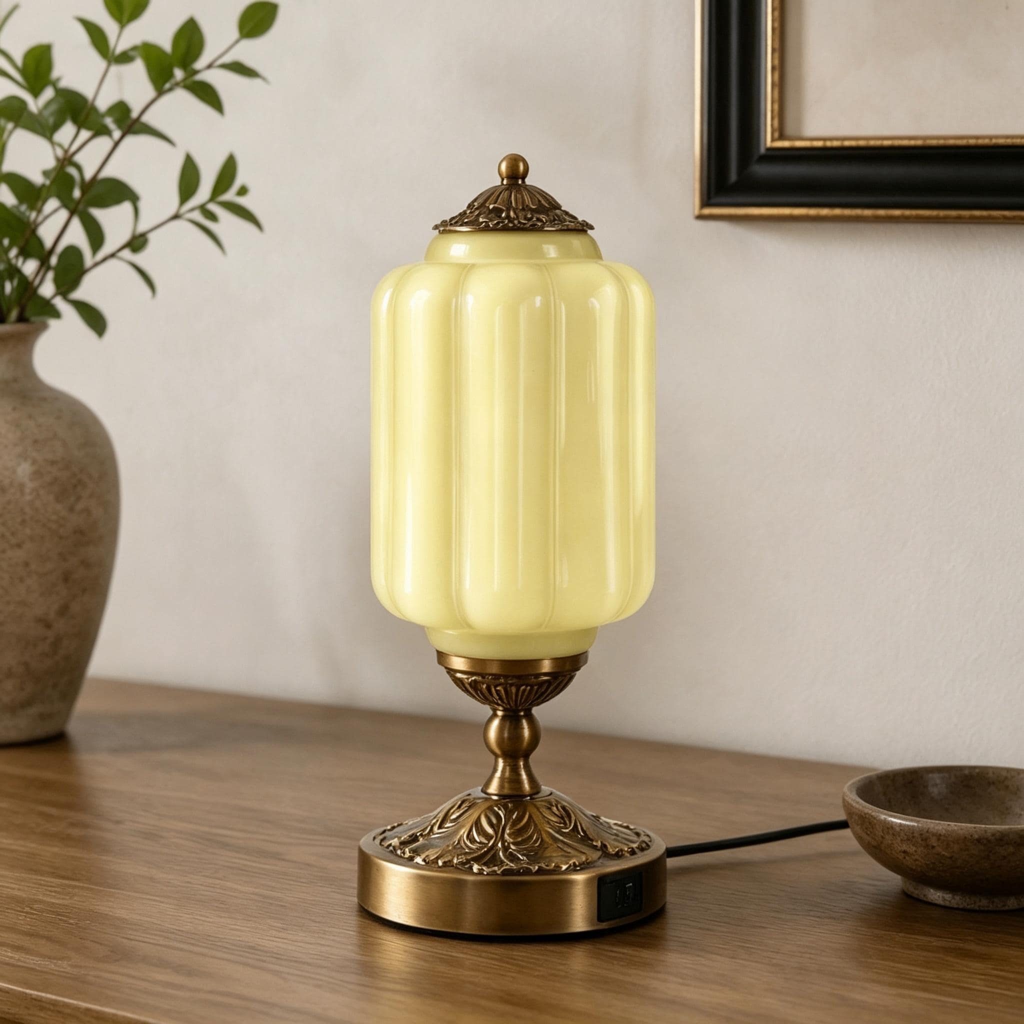 Eloise 1-Light Vintage Emerald Green Lantern Glass Touch Dimming & USB Ports Table Lamp with Matte Antique Brass Finish
