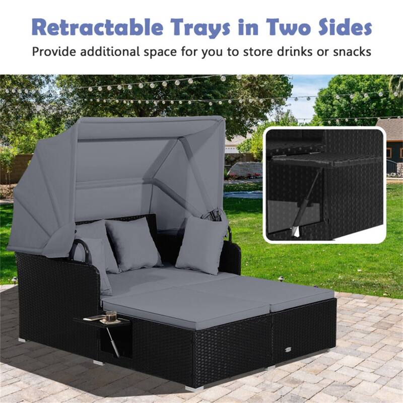 Rattan Daybed Lounge with Retractable Canopy and Side Tables - 65" x 60.5 x 58.5"