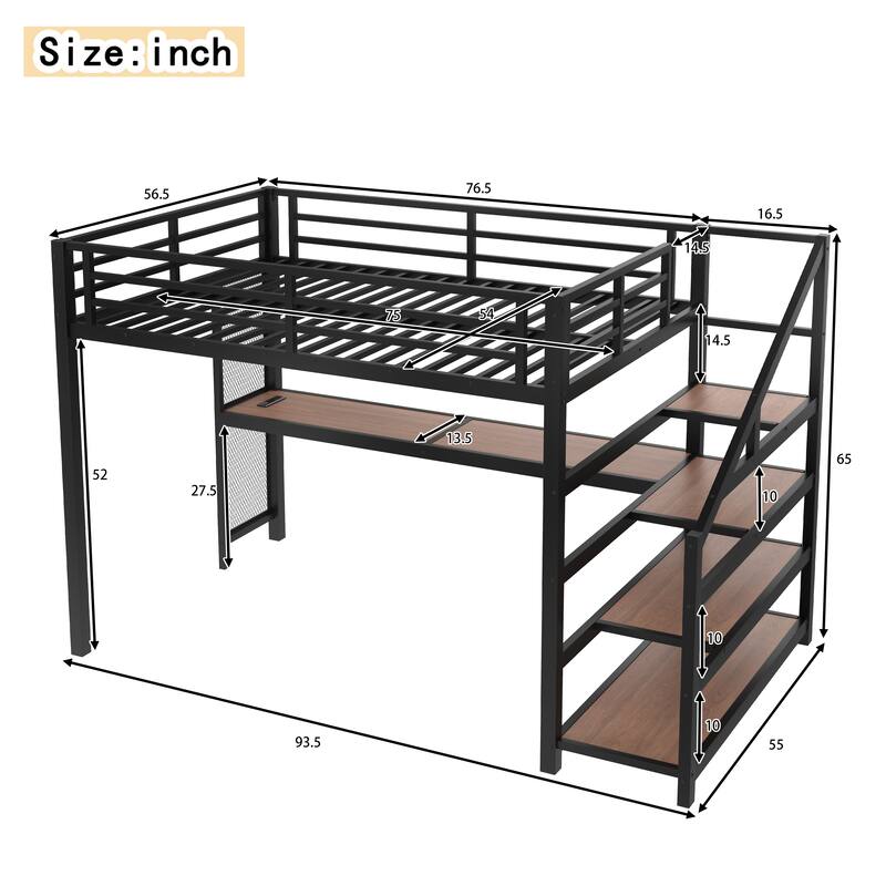 Full Loft Bed with Desk and Storage Stairs, Metal Loft Beds with LED Lights, USB Ports, Multifunctional Iron Nets, Black