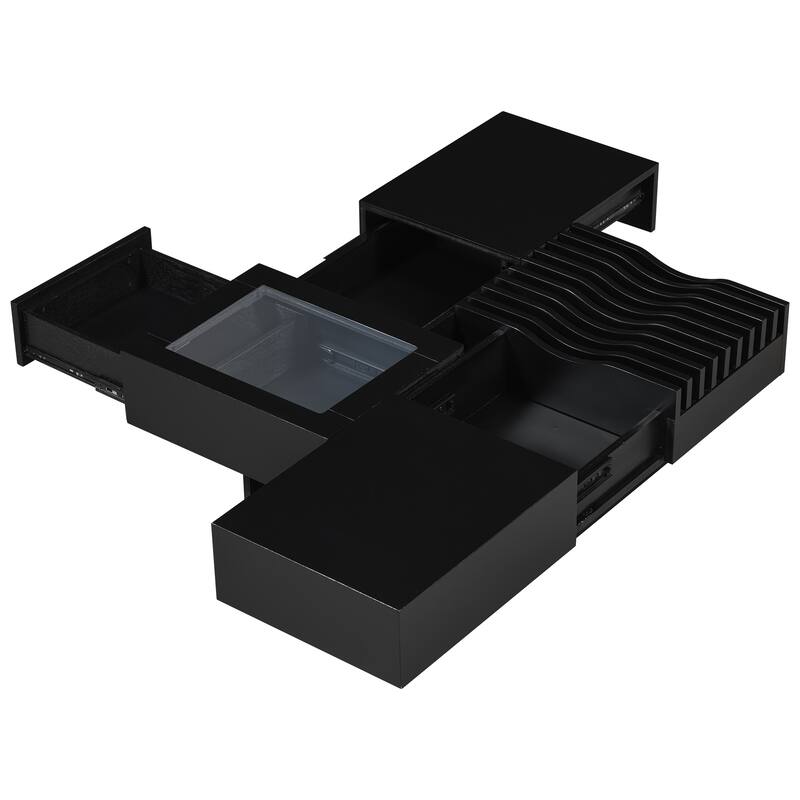 Mid-Century Modern Coffee Table Square Coffee Table with 3 Drawers and Tempered Glass Viewing Window, for Living Room