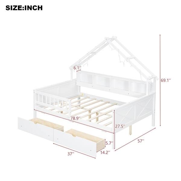 dimension image slide 1 of 2, Full-Size Wooden House Platform Bed with LED Lighting‌ – Includes Storage Shelves, Drawers & Guardrail .