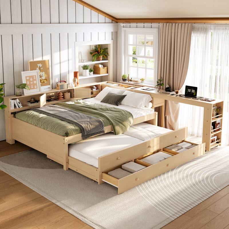 Full/Twin Daybed with Trundle & Storage Drawers - Wood Frame with Side Shelves and Desk