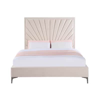 Fully Fabric Upholstered Bed with Metal Legs in Beige Finish