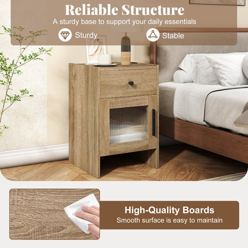 Costway 1/2 PCS Farmhouse Nightstand Fluted Bed Side Table with Large - Natural