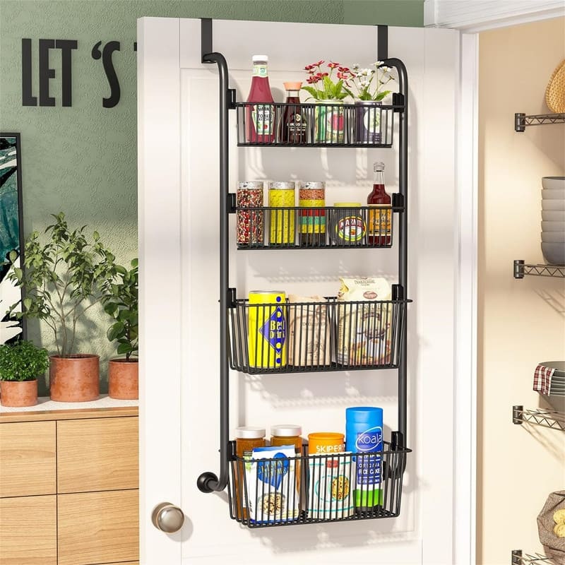 6Tier Over the Door Pantry Organizer HeavyDuty Metal with 6 Baskets - 6.3"D x 16.93"W x 42.13"H - Black 2x4.72"+2x5.9"Width Baskets