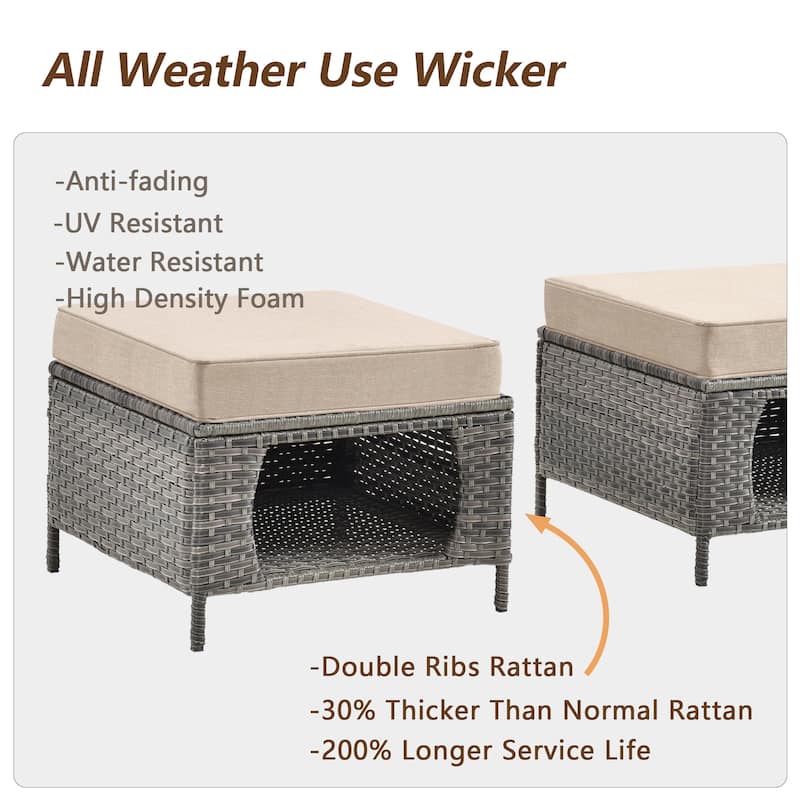 2 Pieces Outdoor Patio Furniture Rattan Storage Ottoman with Cushion