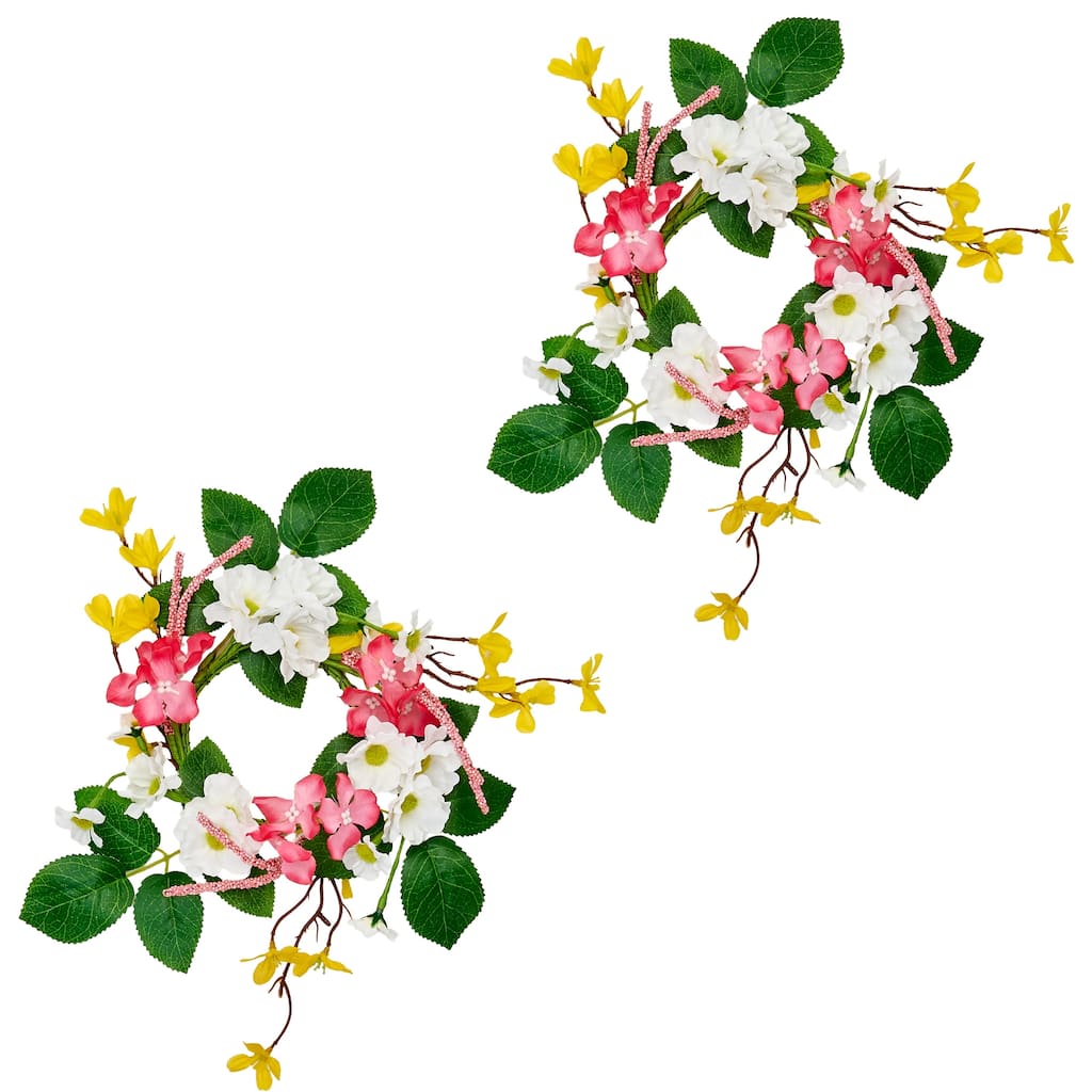 3.25" Cherry Forsythia Daisy Candle Ring, Pink, Set of 2 - 12