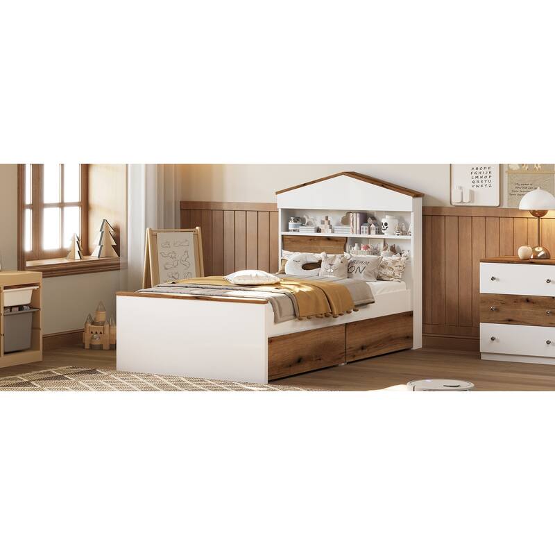 Fun House-Shaped Twin Platform Bed with Storage Drawers and Headboard Shelf, Brown and White