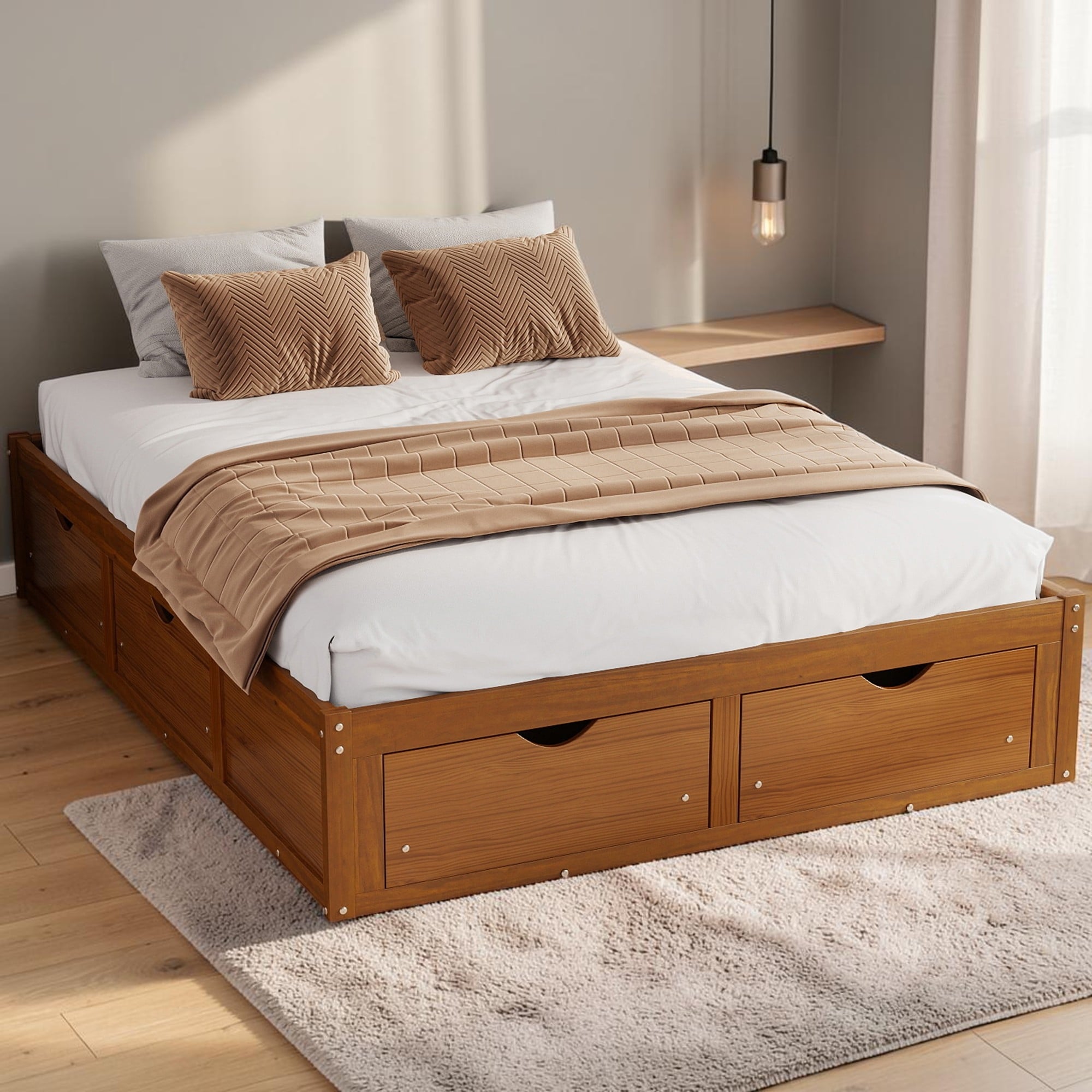 Wood Platform Bed with 6 Storage Drawers, Solid Pine Bed Frame, Under Bed Storage, No Box Spring