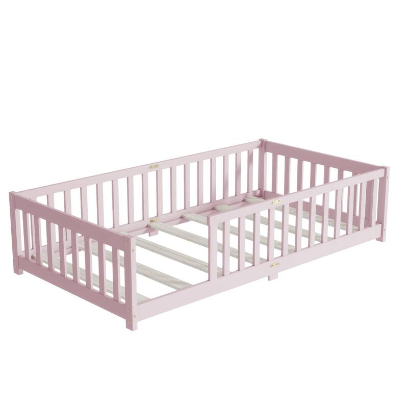 Twin Size Floor Bed with Fence without Door, Rubber Wood Floor Bed with Safety Guardrails