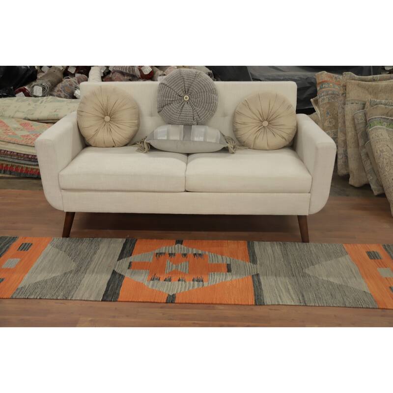 Hand Woven Oriental 100% Wool Carpet Southwestern Modern Greys & Charcoal Kilim Runner Rug - 7' 10'' X 2' 0''
