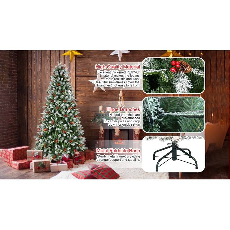 8FT Christmas Tree with 2850 Tips, Red Berries & Pine Cones - Snow-Dusted PE+PVC Branches, Hinged Design,Metal Stand