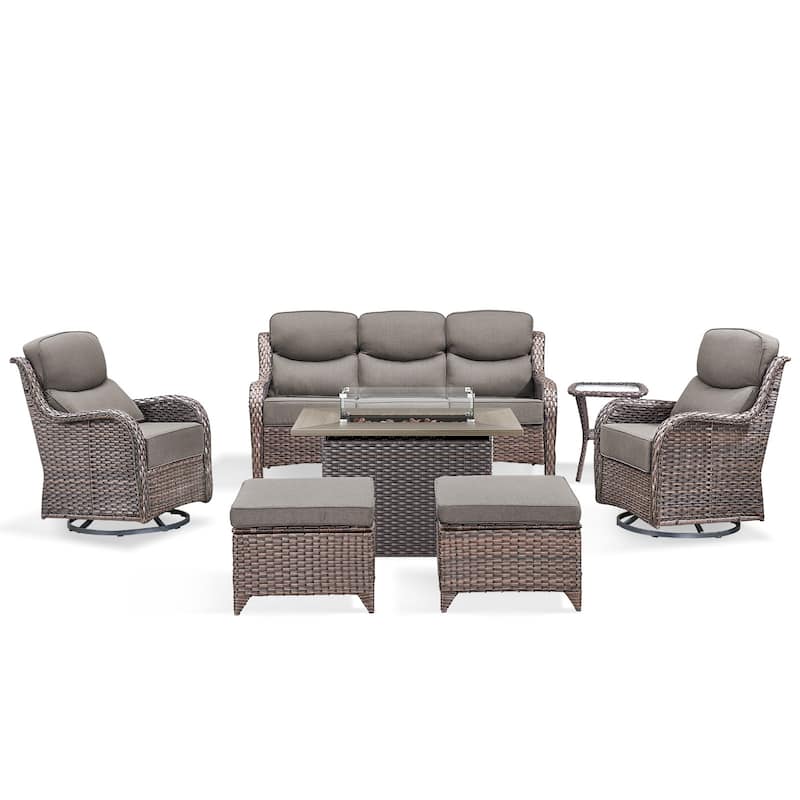 Pocassy 7 Pieces Outdoor 6 Inch Sofa Swivel Chair Ottoman with Fire Table