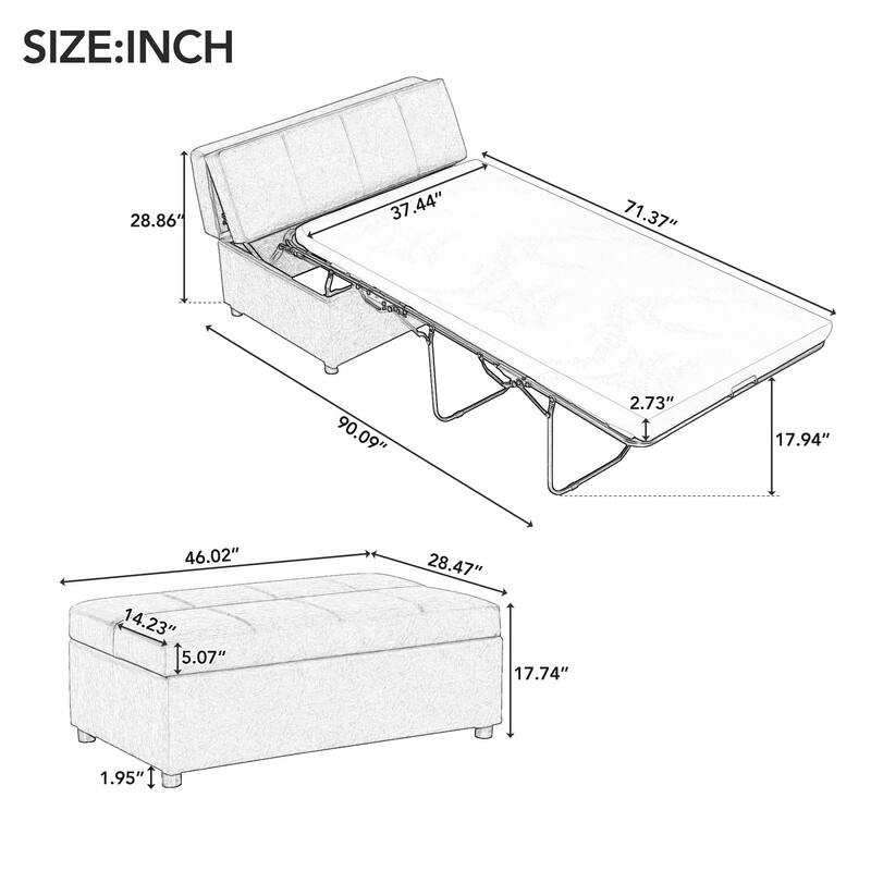 Twin Size Folding Ottoman Sleeper Bed with Mattress, Dark Gray, Chenille