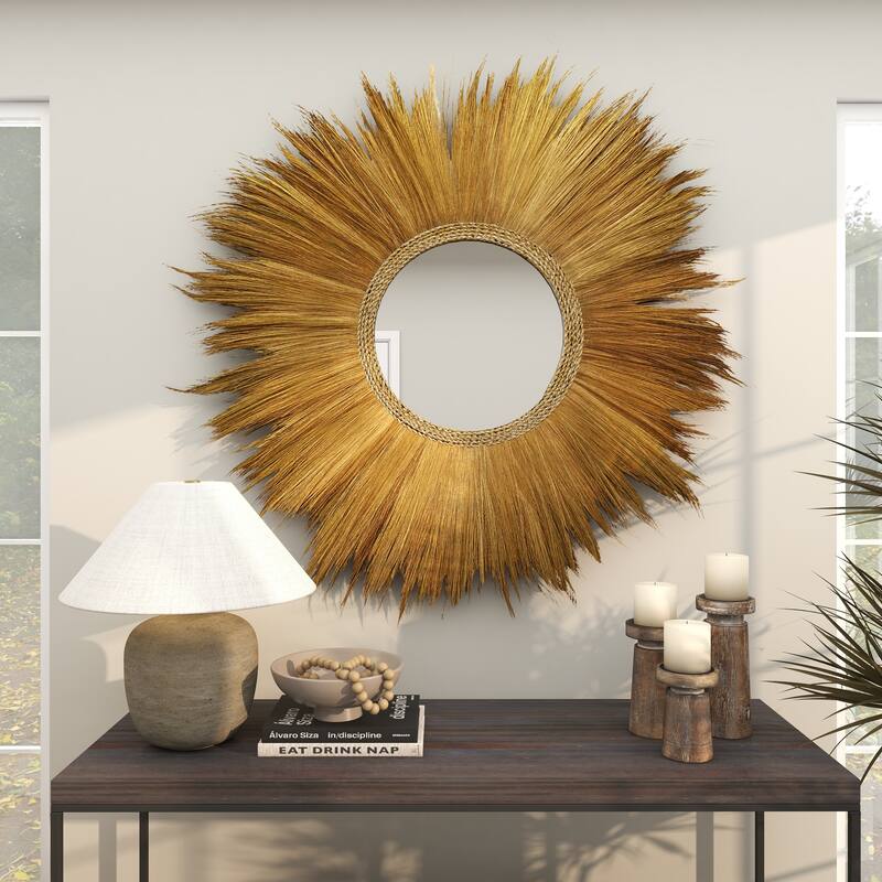 Brown Dried Plant Tribal Inspired Sunburst Grass Room Wall Mirror with Coiled Rope Center - 45 x 2 x 45Round