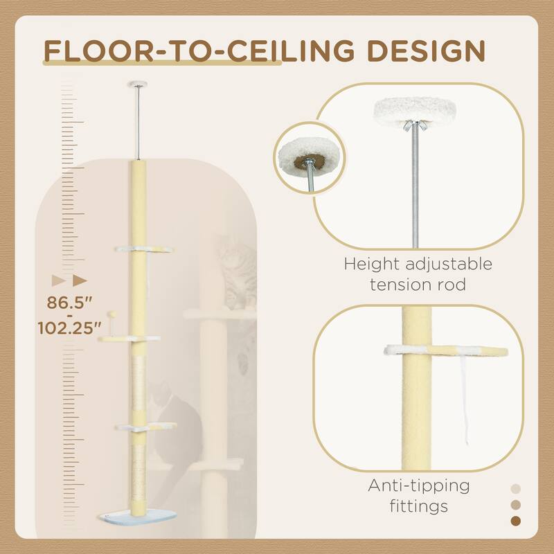 86"-102" Adjustable Cat Tree Tower with Hammock, Sisal Posts & Toy - 18.5" L x 13.5" W x 86.5" - 102.25" H.
